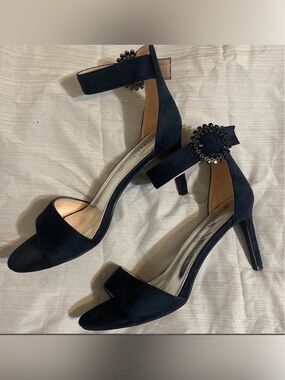 Women's Navy Ankle-Strap Heels with Jeweled Buckle Size 10 With 3 1/2 inch heel